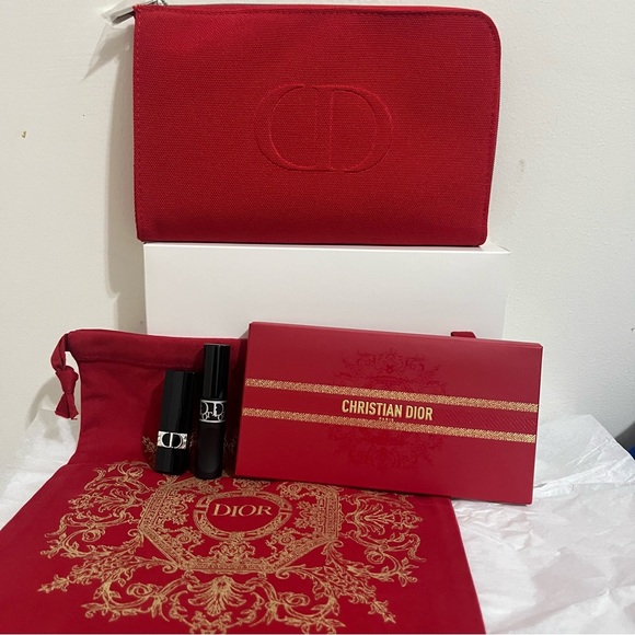 Red Dior Bundle Makeup - Zip Pouch Set Lipstick Mascara Envelope Drawstring - Picture 4 of 7